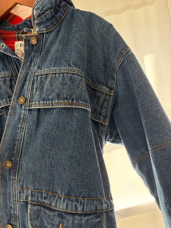 Denim Hooded Coat with Red Plaid Lining - Picture 3 of 5